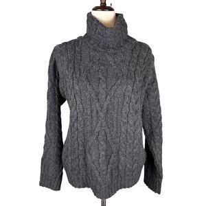 Inis Crafts Chunky Cable Knit Turtleneck Sweater Size S Heather Gray Merino Wool